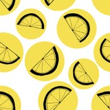Seamless pattern of slices of lemons. Black linear drawing on yellow circles royalty free illustration Seamless pattern of slices of lemons. Black linear drawing on yellow circles royalty free illustration