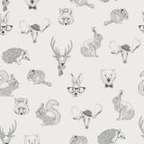 Seamless pattern with trees, shrubs, foliage, animals on light background in vintage style. stock illustration Seamless pattern with trees, shrubs, foliage, animals on light background in vintage style. stock illustration