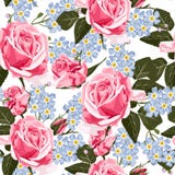 Seamless pattern vector floral watercolor style design, pink roses and blue forget-me-not flowers . stock illustration Seamless pattern vector floral watercolor style design, pink roses and blue forget-me-not flowers . stock illustration