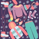 Seamless pattern with winter clothing. Warm woollies. Clothes for cold weather Royalty Free Stock Images Seamless pattern with winter clothing. Warm woollies. Clothes for cold weather Royalty Free Stock Images