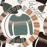 Seamless pattern with winter clothing. Warm woollies. Clothes for cold weather. Mittens,hats, scarf, sweaters Royalty Free Stock Photos Seamless pattern with winter clothing. Warm woollies. Clothes for cold weather. Mittens,hats, scarf, sweaters Royalty Free Stock Photos