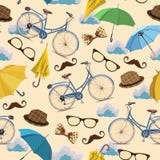 Seamless Pattern With Blue Vintage Bicycles, Glasses, Umbrellas, Clouds, Bows, Hats, Mustache On Beige Background. Stock Image Seamless Pattern With Blue Vintage Bicycles, Glasses, Umbrellas, Clouds, Bows, Hats, Mustache On Beige Background. Stock Image