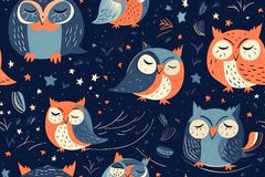 Free Seamless Pattern With Cute Painted Flat Owls. On A Dark Blue Background. Generative AI Illustration. Royalty Free Stock Image - 282373296