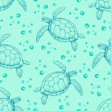 Seamless Pattern With Hand Drawn Sea Turtles. Vector With Animal Underwater. Illustration For Wallpaper, Web Page Background, Stock Photos