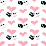 Seamless Pattern With Pair Of Cats In Love Look At A Big Heart. Vector. Royalty Free Stock Images