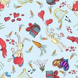Seamless Pattern With Rabbits On Valentine`s Day Blue Background Stock Photography