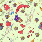 Seamless Pattern With Rabbits On Valentine`s Day Green Backgroun Stock Image
