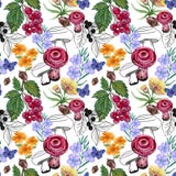 Seamless repeate pattern design with mushrooms, butterfly, berry, oak, black outline and colorful flowers