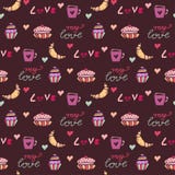 seamless sötsaker för modell Bageriinpackningspapper med giffel och söta muffin Textiltryck, födelsedagdekor och att behandla som stock illustrationer seamless sötsaker för modell Bageriinpackningspapper med giffel och söta muffin Textiltryck, födelsedagdekor och att behandla som stock illustrationer