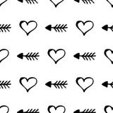 Seamless vector pattern. Simple black and white background with hand drawn hearts and arrows stock illustration Seamless vector pattern. Simple black and white background with hand drawn hearts and arrows stock illustration