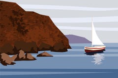 Seascape, sea, ocean, rocks, stones, sailfish, boat, vector, illustration, isolated vector illustration Seascape, sea, ocean, rocks, stones, sailfish, boat, vector, illustration, isolated vector illustration