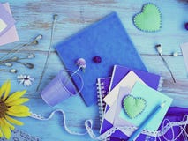 Seasonal Summer Composition Of A Pair Of Felt Hearts, Paper With A Pencil, Notebooks And Decor Royalty Free Stock Image