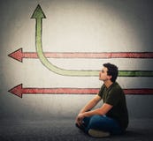Seated man imagine arrows as ideas one changing direction benting go up stock images Seated man imagine arrows as ideas one changing direction benting go up stock images