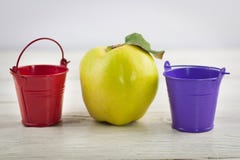 Seaux vides en métal rouge et violet avec les poignées et le coing mûr frais entier sur la vieille table en bois brune superficie photo stock Seaux vides en métal rouge et violet avec les poignées et le coing mûr frais entier sur la vieille table en bois brune superficie photo stock