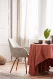 Sedie grige alla moda al tavolo da pranzo coperto di tovaglia lunga fotografie stock Sedie grige alla moda al tavolo da pranzo coperto di tovaglia lunga fotografie stock