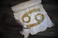 Segno del Cancro dello zodiaco su carta d'annata con la vecchia penna sullo scrittorio di legno Immagine Stock Libera da Diritti Segno del Cancro dello zodiaco su carta d'annata con la vecchia penna sullo scrittorio di legno Immagine Stock Libera da Diritti