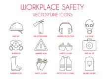 Seguridad del lugar de trabajo y línea fina iconos del equipo protector personal fijados stock de ilustración Seguridad del lugar de trabajo y línea fina iconos del equipo protector personal fijados stock de ilustración