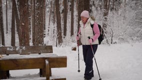 Seitenansicht der aktiven Frau den Nordic tuend, der draußen mit Skipfosten in der Winternatur geht Dame im Ruhestand, die Pickni stock video footage Seitenansicht der aktiven Frau den Nordic tuend, der draußen mit Skipfosten in der Winternatur geht Dame im Ruhestand, die Pickni stock video footage