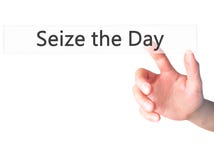 Seize the Day - Businesswoman hand pressing button on touch screen interface. stock photo Seize the Day - Businesswoman hand pressing button on touch screen interface. stock photo