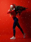 Seksowna Bożenarodzeniowa sprawność fizyczna sporta kobieta jest ubranym Santa kapeluszowego trzyma xmas drzewnego na jej ramiona fotografia stock Seksowna Bożenarodzeniowa sprawność fizyczna sporta kobieta jest ubranym Santa kapeluszowego trzyma xmas drzewnego na jej ramiona fotografia stock