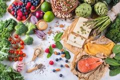 Selection assortment of healthy balanced food for heart, diet stock photo Selection assortment of healthy balanced food for heart, diet stock photo