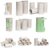A selection of cardboard toilet paper tubes in various arrangements isolated on a white background stock photography A selection of cardboard toilet paper tubes in various arrangements isolated on a white background stock photography