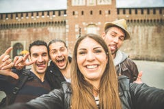 Selfie with friends in Milan royalty free stock photography Selfie with friends in Milan royalty free stock photography