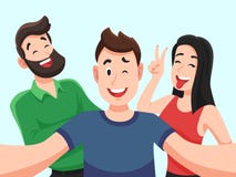 Selfie met vrienden Vriendschappelijke glimlachende tieners die het portret van de groepsfoto maken Gefotografeerd gelukkig mense royalty-vrije illustratie Selfie met vrienden Vriendschappelijke glimlachende tieners die het portret van de groepsfoto maken Gefotografeerd gelukkig mense royalty-vrije illustratie