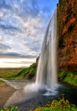Seljalandfoss vattenfall på solnedgången i HDR, Island fotografering för bildbyråer Seljalandfoss vattenfall på solnedgången i HDR, Island fotografering för bildbyråer