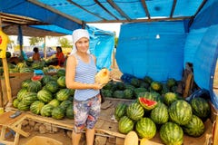 The seller of watermelons and melons on the roadside market stock photography The seller of watermelons and melons on the roadside market stock photography