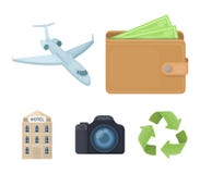 Semester lopp, plånbok, pengar Vila och resa fastställda samlingssymboler i illustration för materiel för symbol för tecknad film stock illustrationer Semester lopp, plånbok, pengar Vila och resa fastställda samlingssymboler i illustration för materiel för symbol för tecknad film stock illustrationer