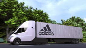 Slim vloot Buskruit Electric Semi-trailer Truck with ADIDAS Logo on the Side. Editorial  Loopable 3D Animation Stock Footage - Video of manufacturing, company:  172913772