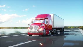 Semi trailer, Truck on the road, highway. Transports, logistics concept. 4K realistic animation.