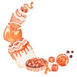 A semicircle, a wreath of caramel sweets. Watercolor illustration. Isolated on a white background.