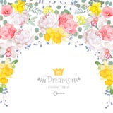 Semicircle το πλαίσιο γιρλαντών με peony, ορχιδέα, νάρκισσοι, άγριοι αυξήθηκε, φύλλα eucaliptus και μπλε μούρα διανυσματική απεικόνιση Semicircle το πλαίσιο γιρλαντών με peony, ορχιδέα, νάρκισσοι, άγριοι αυξήθηκε, φύλλα eucaliptus και μπλε μούρα διανυσματική απεικόνιση
