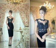 Senhora moreno bonita no vestido preto elegante do laço que levanta em uma cena do vintage Mulher elegante sensual nova nos salto imagem de stock Senhora moreno bonita no vestido preto elegante do laço que levanta em uma cena do vintage Mulher elegante sensual nova nos salto imagem de stock