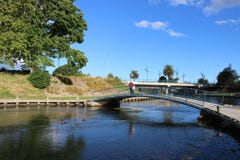 Senhora no passadiço, Taylor River, Blenheim, NZ fotografia de stock Senhora no passadiço, Taylor River, Blenheim, NZ fotografia de stock