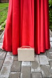 Senhora vermelha elegante do vestido com a bolsa luxuosa à moda no passeio do pavimento que espera para ir no evento imagem de stock royalty free Senhora vermelha elegante do vestido com a bolsa luxuosa à moda no passeio do pavimento que espera para ir no evento imagem de stock royalty free