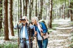 Senior couple hiking in the forest stock images Senior couple hiking in the forest stock images