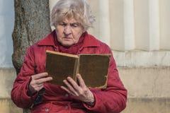 Senior woman holding book in her hands and reading in park royalty free stock photography Senior woman holding book in her hands and reading in park royalty free stock photography