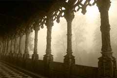 Portugal - Bussaco Palace Arched Gallery, Tracery Design, Foggy Day - Sepia Image