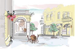 Serie av gatasikter med kaféer i den gamla staden vektor illustrationer Serie av gatasikter med kaféer i den gamla staden vektor illustrationer