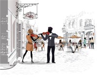 Serie av gatorna med folk i den gamla staden, gatamusiker vektor illustrationer Serie av gatorna med folk i den gamla staden, gatamusiker vektor illustrationer