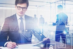 Serious businessman working in office, AI brain royalty free stock photos Serious businessman working in office, AI brain royalty free stock photos