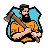 Serrería, carpintería, logotipo de la carpintería o etiqueta Leñador que sostiene el hacha sus manos Ilustración del vector de la ilustración del vector Serrería, carpintería, logotipo de la carpintería o etiqueta Leñador que sostiene el hacha sus manos Ilustración del vector de la ilustración del vector