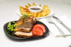Served Food With Meat And Gilled Potato Stock Photo