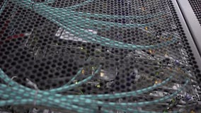 Server rack flashing led lights are in a modern data center are located behind an iron door with round openings. stock video footage Server rack flashing led lights are in a modern data center are located behind an iron door with round openings. stock video footage