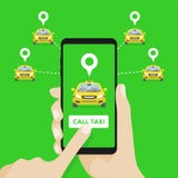 Service de taxi Mains avec l'application de smartphone et de taxi illustration de vecteur Service de taxi Mains avec l'application de smartphone et de taxi illustration de vecteur