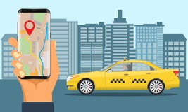 Service en ligne de taxi Taxi jaune et main tenant le smartphone avec l'application de taxi illustration libre de droits Service en ligne de taxi Taxi jaune et main tenant le smartphone avec l'application de taxi illustration libre de droits