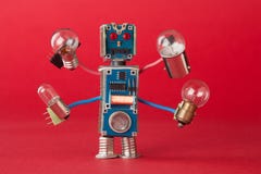 Serviceman illuminator with light bulbs in four hands. Colorful robotic character holds different retro lamps. Funny stock photos Serviceman illuminator with light bulbs in four hands. Colorful robotic character holds different retro lamps. Funny stock photos